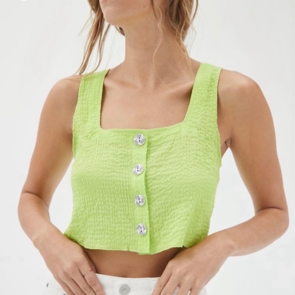 Urban Outfitters Neon Chartreuse Button Up Y2K 80s Tank Top - Picture 1 of 11